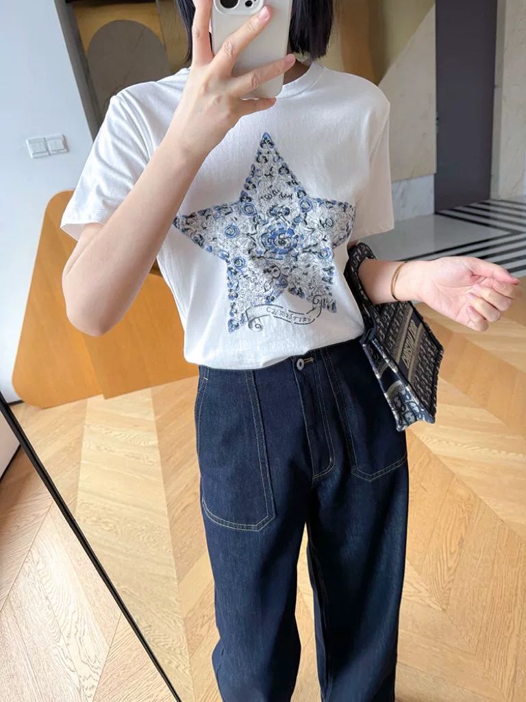 2025年新款幸运星纯棉重工刺绣星星T,女装T恤,湘姗