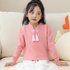 女童秋款可爱盘扣流苏羊毛衫气质甜美长袖针织上衣，童装儿童羊毛衫，冰晶童装