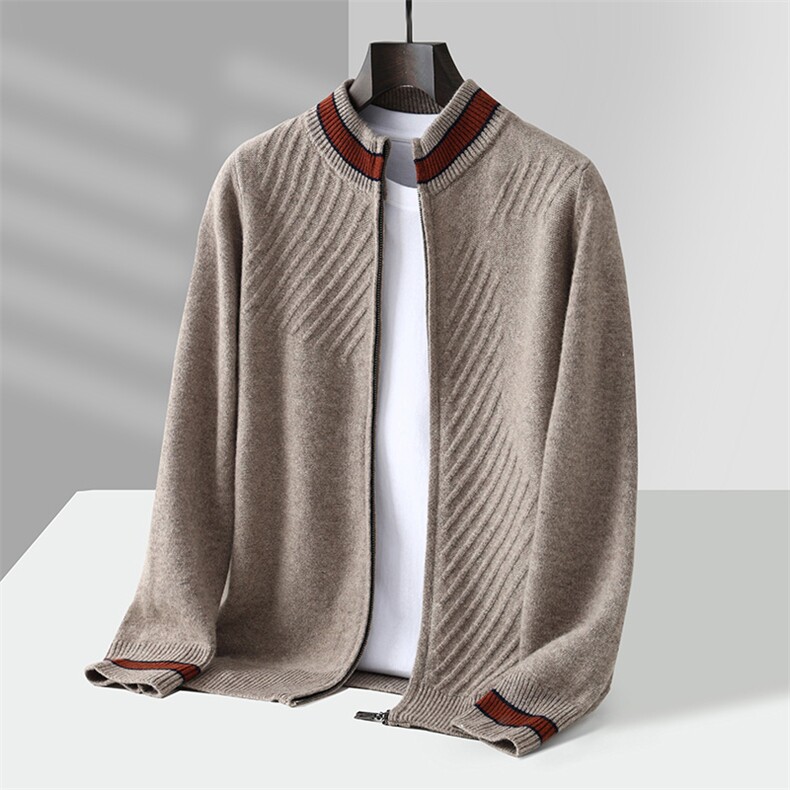 2025年秋季新款百搭长袖半高领七针斜道开衫，男装羊毛衫，江杉羊绒