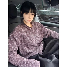 QC3338-P42复古针织棉线宽松圆领套头毛衣女2025秋季简约长袖，男装针织衫/毛衣，电商B323A