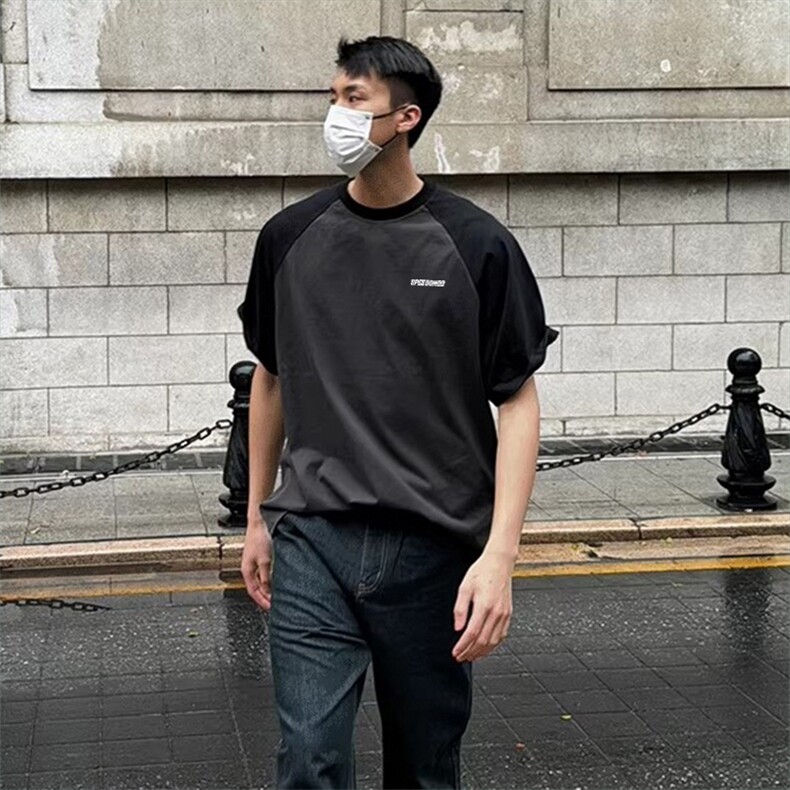 抖音得物高品质二开240克宽松纯棉美式潮牌插肩袖拼接短袖T恤，男装T恤，电商A486-1