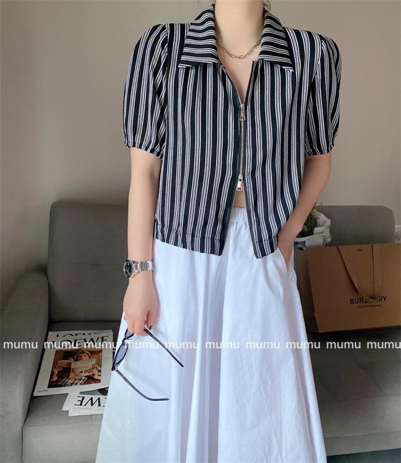 条纹轻薄上衣，女装，沐·沐