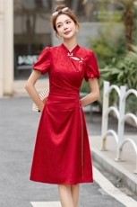新中式国风连衣裙女2025夏季新款小个子修身显瘦改良红色旗袍裙子，女装连衣裙，依如秀(原杭风阁)