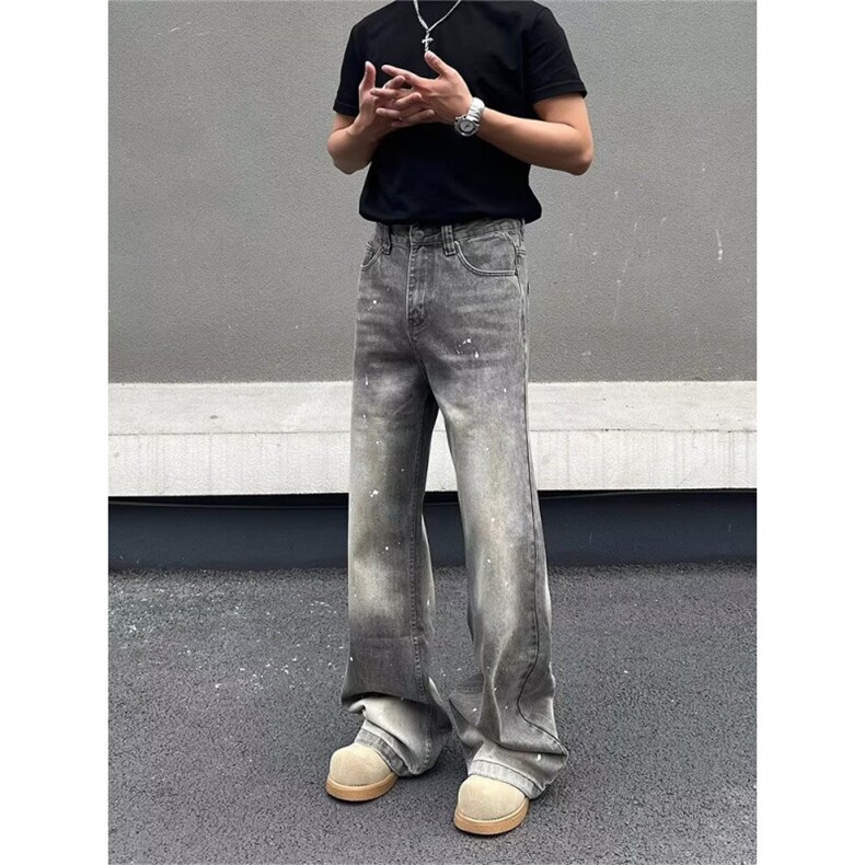 美式复古泼墨微喇牛仔裤男cleanfit直筒水洗做旧高街长裤图片