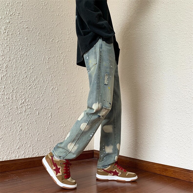 复古高街泼墨做旧破洞牛仔裤男宽松休闲长裤vibe裤子夏季K582/P42,男装牛仔裤,星座506