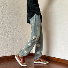 复古高街泼墨做旧破洞牛仔裤男宽松休闲长裤vibe裤子夏季K582/P42，男装牛仔裤，星座506