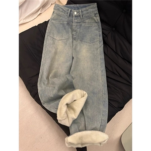 复古水洗牛仔裤女冬季新款美式高腰显瘦直筒裤遮肉不贴腿加绒长裤图片