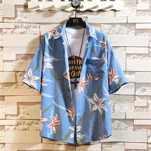 2021夏季新白砖墙日系大码男沙滩情侣休闲短袖印花衬衫C3028-P35图片
