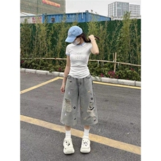 夏季小狗刺绣牛仔短裤男女潮流宽松直筒阔腿破洞七分裤LA3377-P50，男装牛仔裤，星座1008