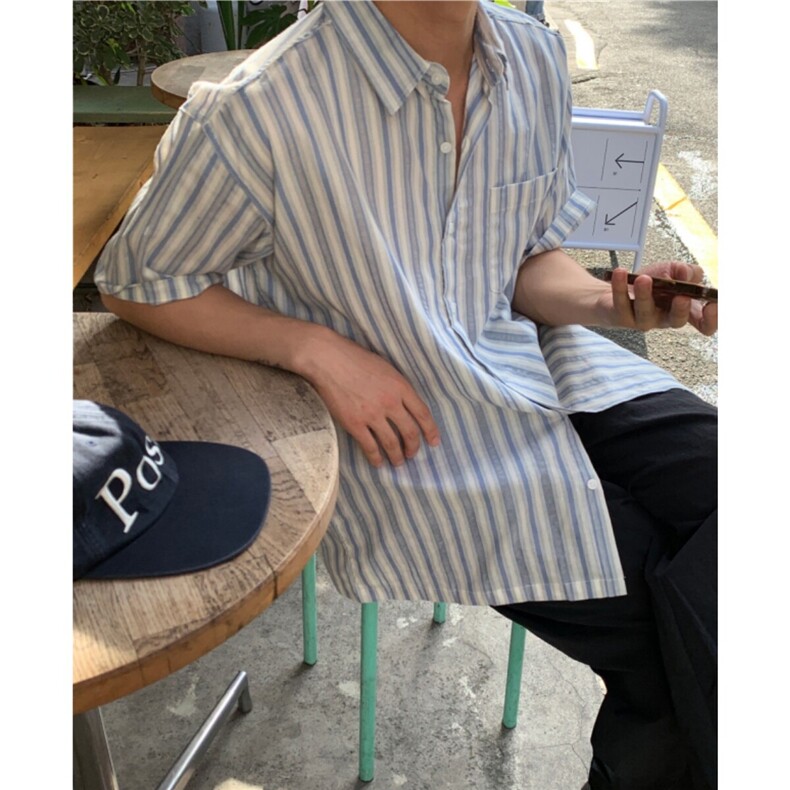2025新款韩版潮流男士衬衣轻熟风时尚条纹短袖衬衫905P45,男装衬衫,星座710