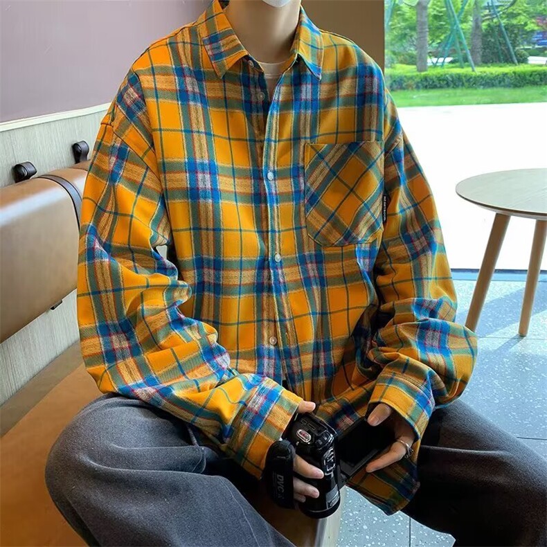 CS58-P30慵懒街头潮流美式复古经典黄格衬衫外套情侣格子长袖,男装衬衫,电商B323A