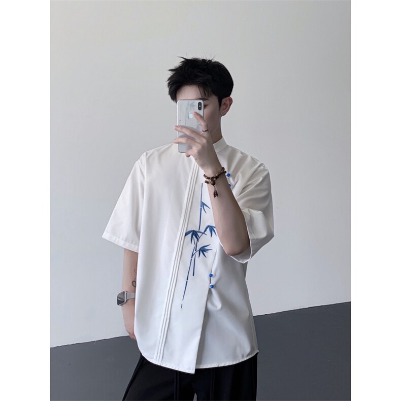 25新中式书生气竹叶刺绣短袖衬衫cs190-p78,男装衬衫,电商B288