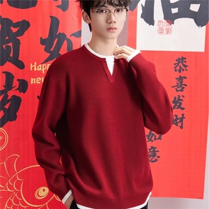 春秋新款慵懒风假两件V领毛衣男简约宽松百搭时尚休闲上衣打底衫