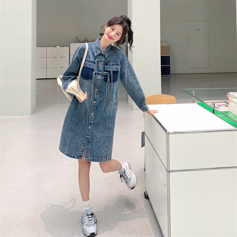新中式牛仔连衣裙女2024春秋新款高端复古百搭衬衫裙，女装连衣裙，点滴