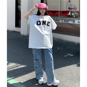 情侣装夏季新款植绒字母印花圆领宽松半袖情侣短袖T恤潮 D291 P33图片