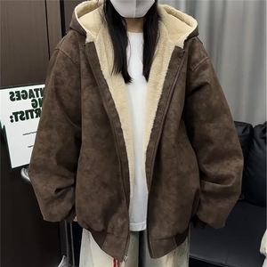 韩chic秋冬简约气质拉链百搭短款长袖连帽卫衣外套PU皮座山雕图片