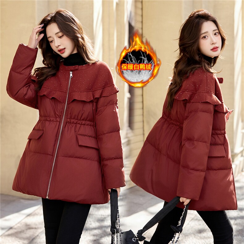 巨好看的拼接羽绒服女中长款冬季2025新款宽松圆领加厚白鸭绒外套，女装羽绒服，流量+