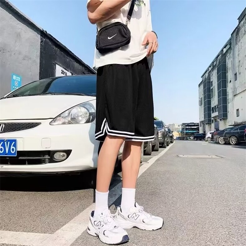 夏季ins潮牌纯色简约折角织带宽松垂感五分运动裤-D09,女装休闲裤,星座1002-2