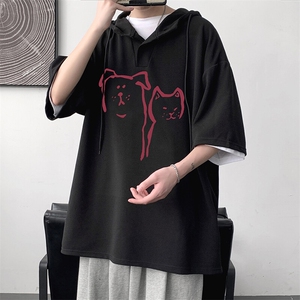 LD54378-P45NASA 连帽短袖t恤男大码胖子带帽五分袖中袖图片