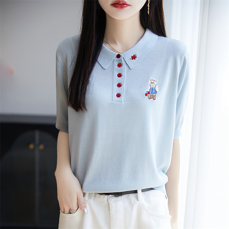 夏季莱赛尔天丝针织五分袖上衣女翻领刺绣纽扣短袖T恤宽松打底衫,针织衫/毛衣,郡淞羊绒