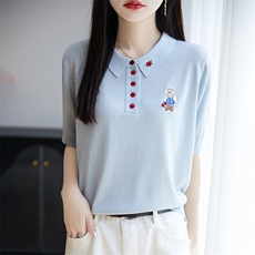夏季莱赛尔天丝针织五分袖上衣女翻领刺绣纽扣短袖T恤宽松打底衫，女装针织衫/毛衣，郡淞羊绒