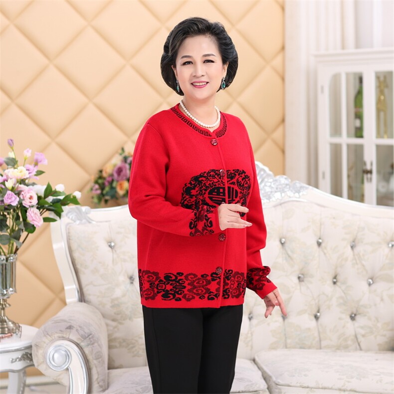 中老年人唐装女士福字本命年红色毛衣妈妈装羊毛衫加厚毛衣大码,女装中老年女装,亚东羊绒制品