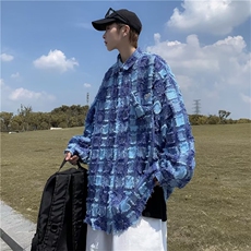 格子长袖衬衫男春秋款高级感潮牌痞帅衬衣外套美式上衣W1373/P50，男装衬衫，星座506
