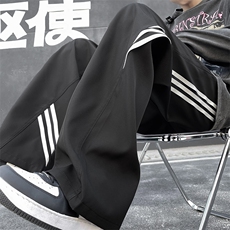港风春款男休闲裤三条杠条纹拼接冲锋裤直筒宽松长裤K290P38，男装休闲裤，星座1013-1