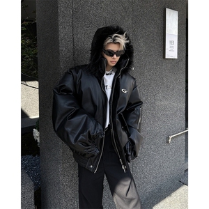 美式连帽短款解构毛领皮衣潮设计感加厚棉服外套图片