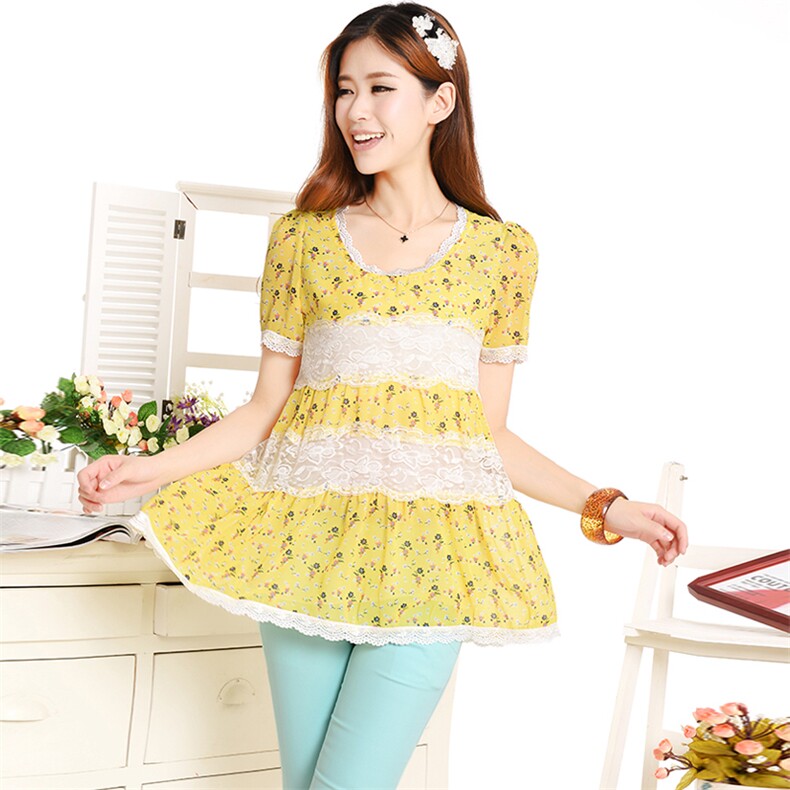 甜美蕾丝拼接碎花雪纺衫女短袖宽松显瘦上衣夏季新款韩版学生装，女装蕾丝衫/雪纺衫，雪樱依海