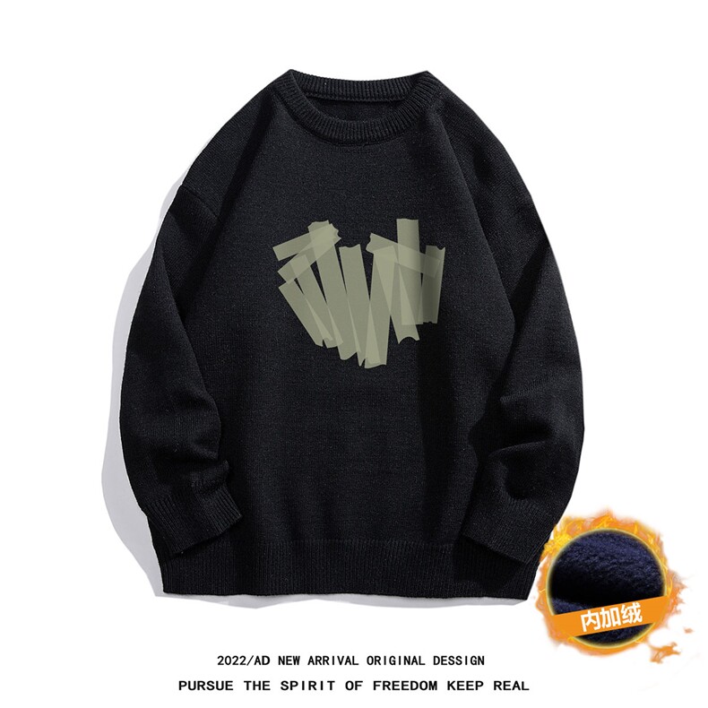 白底秋冬新款设计感印花保暖圆领套头毛衣M1034P50加绒60控68-78，男装针织衫/毛衣，电商A247-1