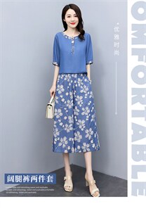 天丝牛仔套装女夏装2024年新款时尚女装休闲气质印花阔腿裤两件套图片