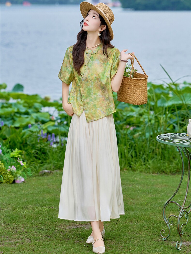 现货2026年夏季新款中式时尚两件套装女小衬衫T恤加纱幕半身裙女,女装套装/套裙,璐依舞