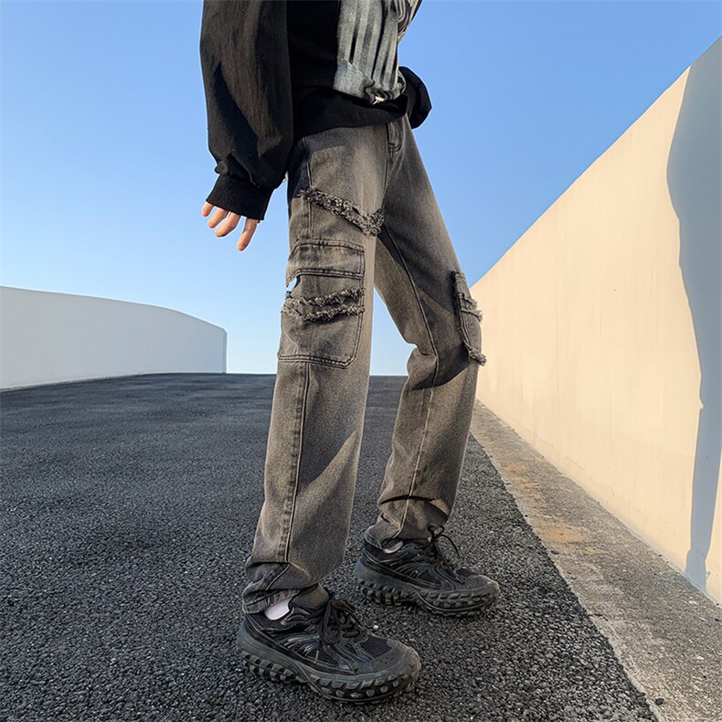 2023春季美式高街新款弹力修身重工艺水洗直筒毛边工装牛仔裤P65,男装牛仔裤,电商A063