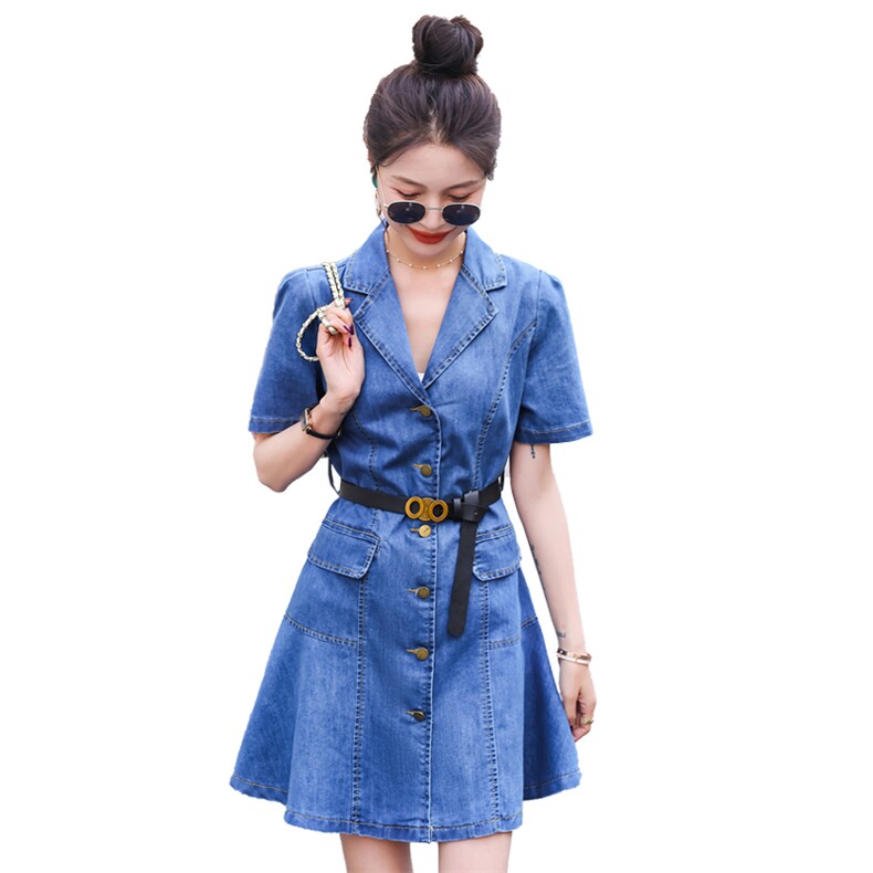 （现货）2026夏装新款时尚休闲西装领短袖薄牛仔短裙（配腰带）,女装连衣裙,印象茜