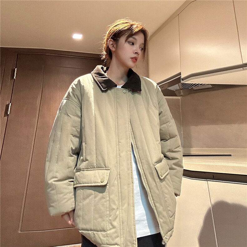中性风撞色灯芯绒拼接领棉衣外套女宽松羊羔绒加厚棉服G1070P128,男装棉衣,电商A339