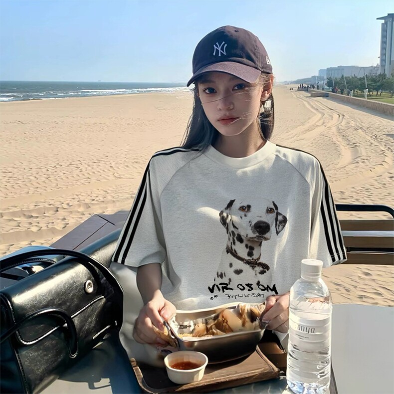 抖音得物品质二开240克宽松纯棉美式潮牌印花三条杠中性风短袖T恤图片