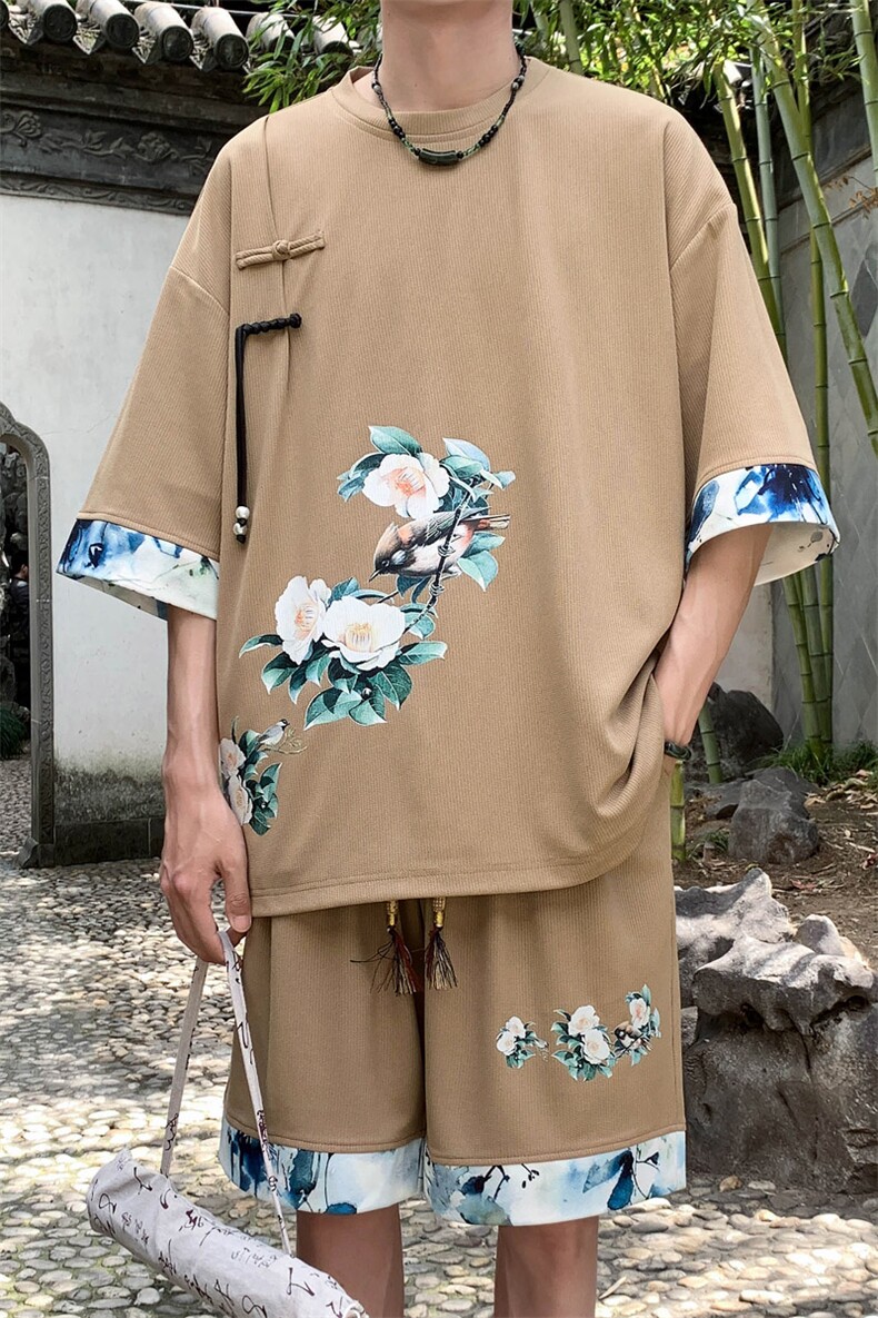 新中式风两件套夏季新中式禅意短袖t恤男套装A436-D221-P52,男装休闲套装,电商A436