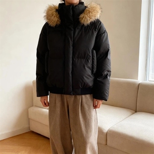 现货三防重磅硬挺boxy短款羽绒棉衣座山雕大毛毛领PU皮棉服外套冬图片