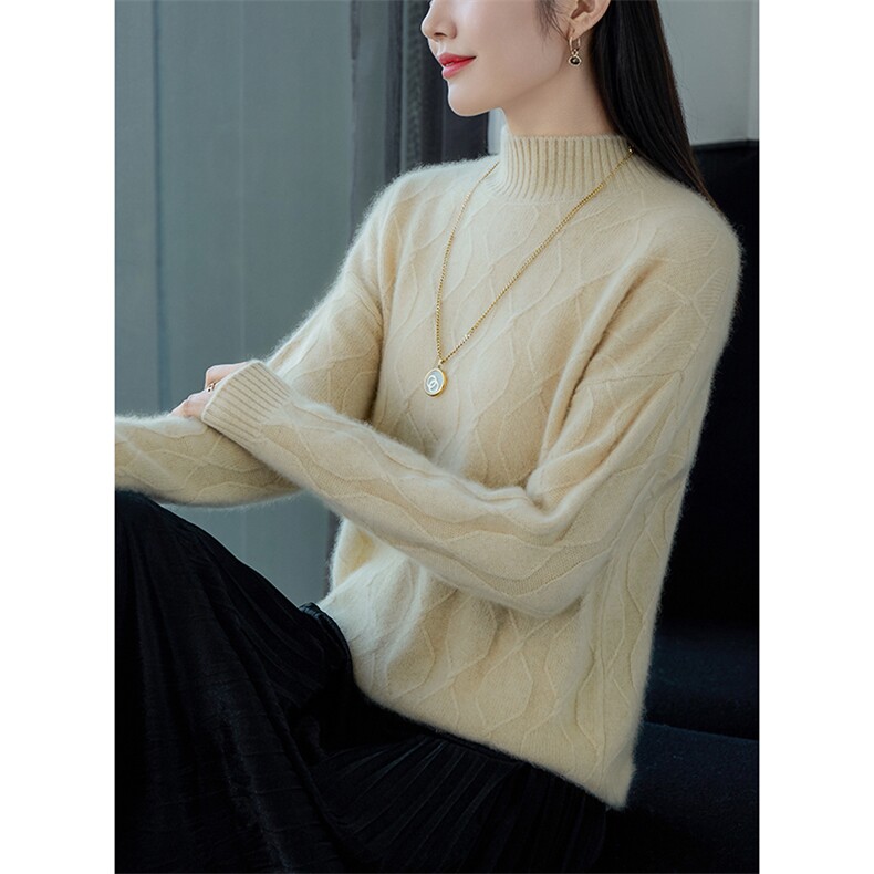 优雅气质半高领羊毛绞花毛衣显瘦百搭女装针织衫图片