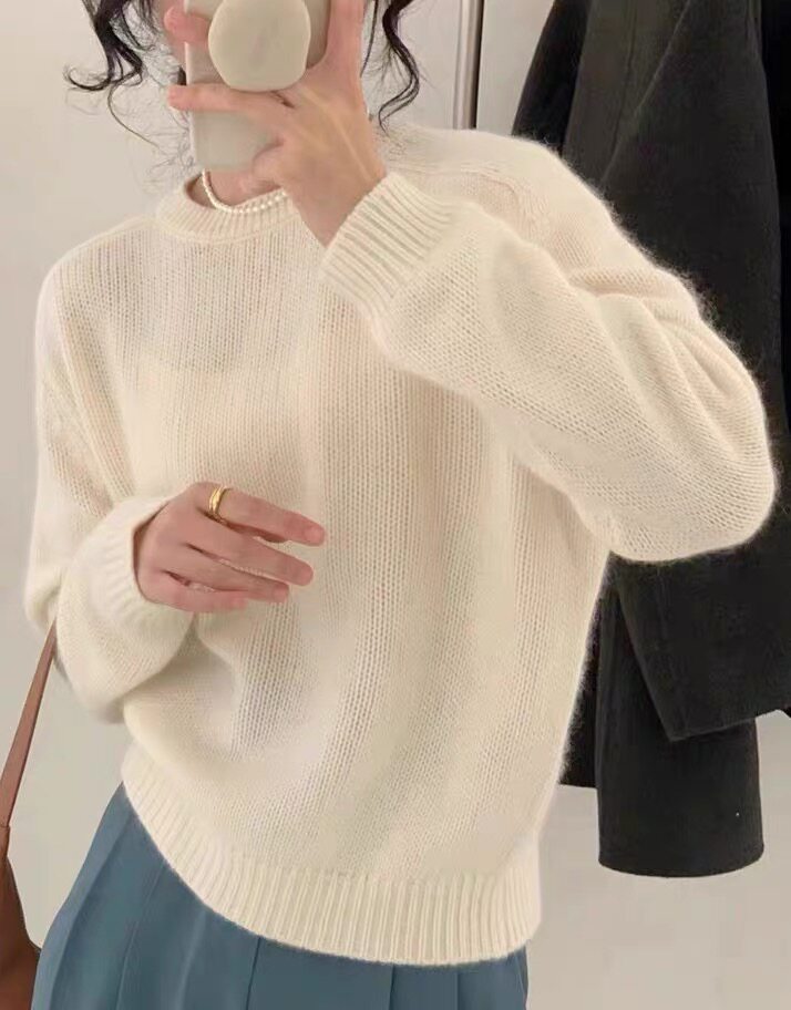 秋冬羊毛针织衫女圆领韩版慵懒风短款纯色打底衫,女装羊毛衫,思途羊绒