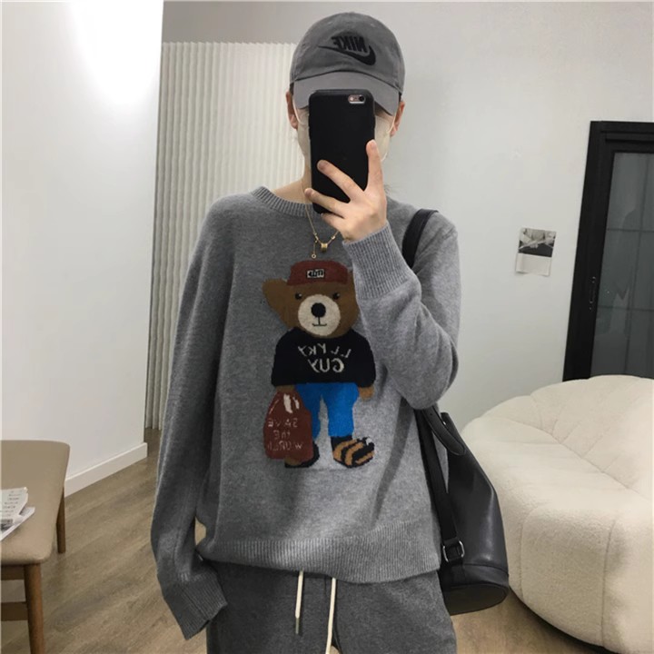 时尚可爱小熊提花宽松毛衣女秋冬新款韩版百搭针织衫,针织衫/毛衣,鑫之绒