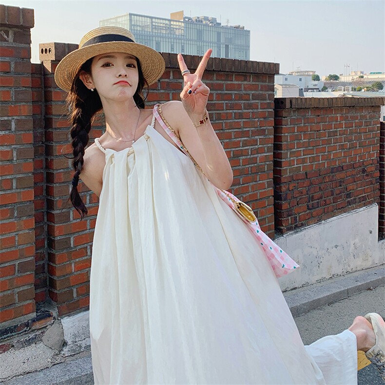 2025年夏季时尚潮流挂脖吊带连衣裙纯色抽绳优雅气质大摆型,女装连衣裙,诺蝶