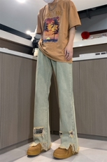 春夏黄泥美式vibe裤高街黑色破洞微喇直筒毛边牛仔裤男K890-P55，男装牛仔裤，星座205