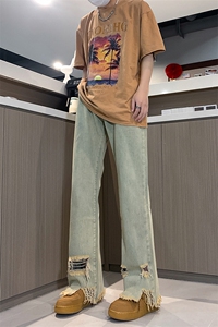 春夏 黄泥美式vibe裤高街黑色破洞微喇直筒毛边牛仔裤男 K890-P55图片