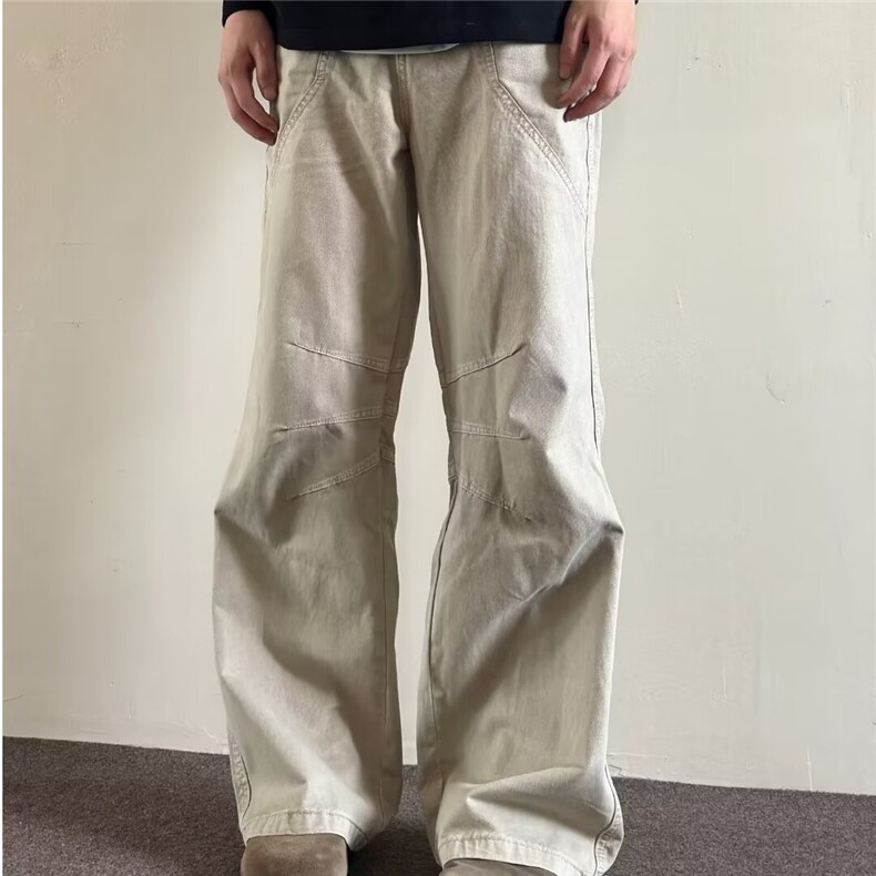美式复古拼接宽松直筒工装裤男潮牌高街褶皱设计感阔腿长裤NZ49,男装工装外套,星座516A