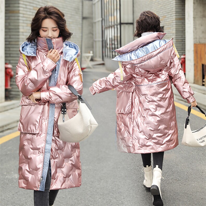 粉色亮面羽绒服女中长款2020冬季新款韩版白鸭绒连帽时尚加厚外套,女装羽绒服,笃写