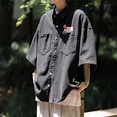 美式复古牛仔衬衫夏季新款潮牌宽松百搭小众设计感外穿半袖衬衣，男装衬衫，星座601-2