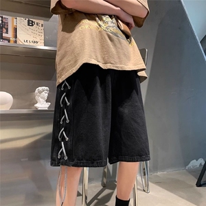 侧边编绳蓝色牛仔短裤男夏季休闲中裤美式小众五分裤子 DK10图片
