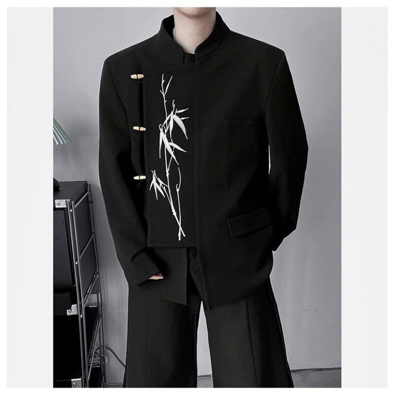 新中式男士礼服订婚礼不规则西装套装风立领金竹刺绣中山装西服,男装西服,星座601-1